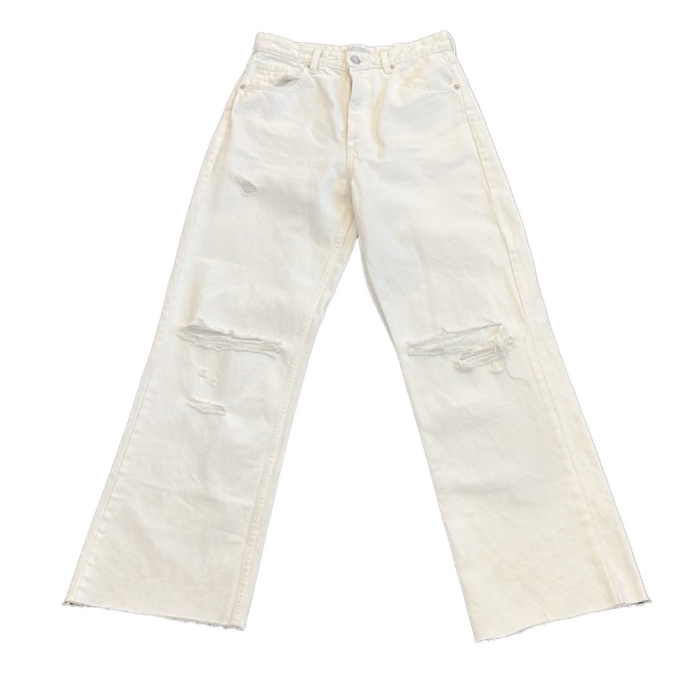 Zara Off-White Distressed Wide-Leg Jeans